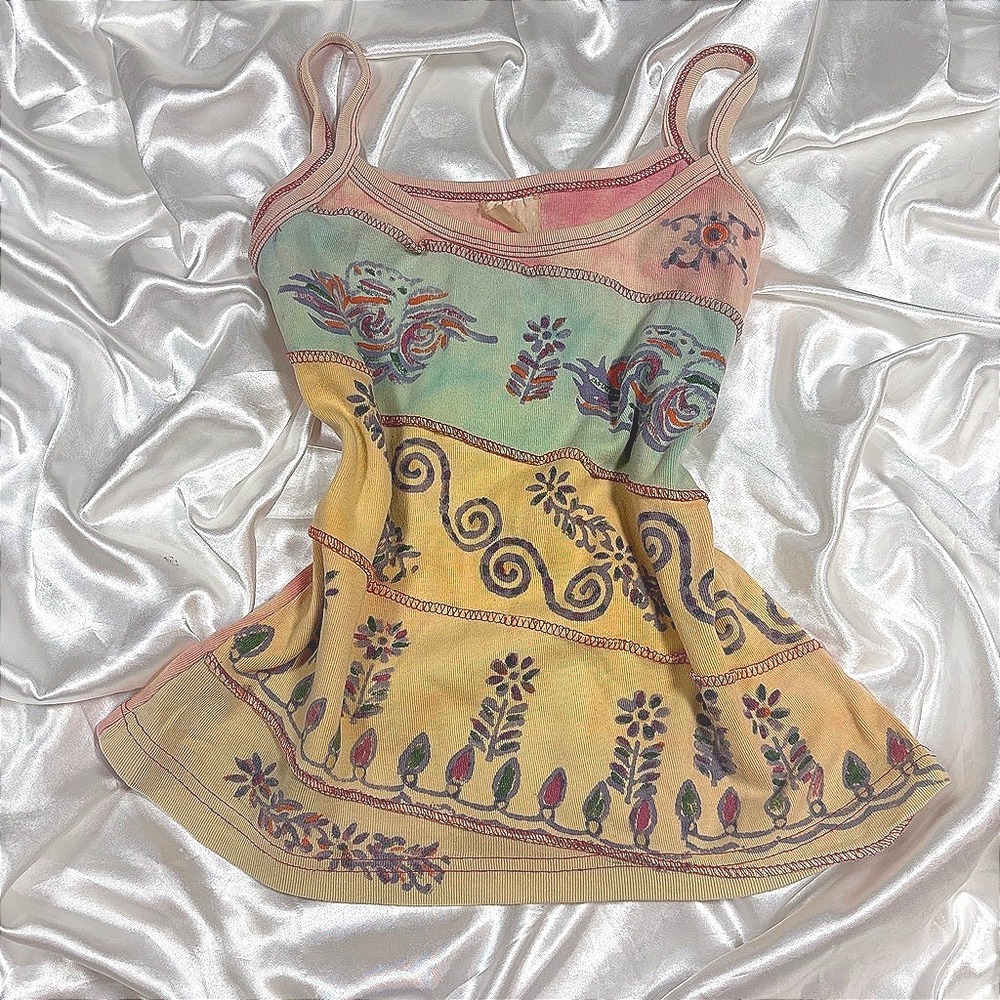 y2k Cami Tank Top Multi Color Excellent Hand Painted Floral Ribbed Asymmetrical